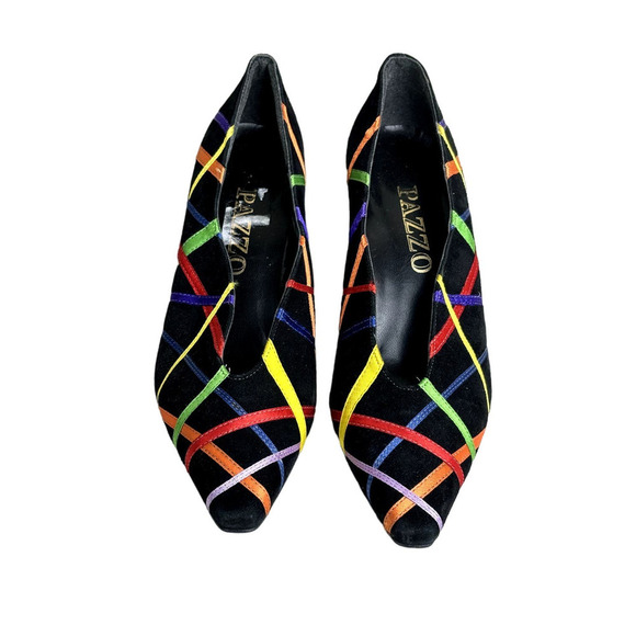 Pazzo Women's Black Multicolor Faux Suede 80's Punk Retro Heels Size 6.5B - Picture 10 of 15